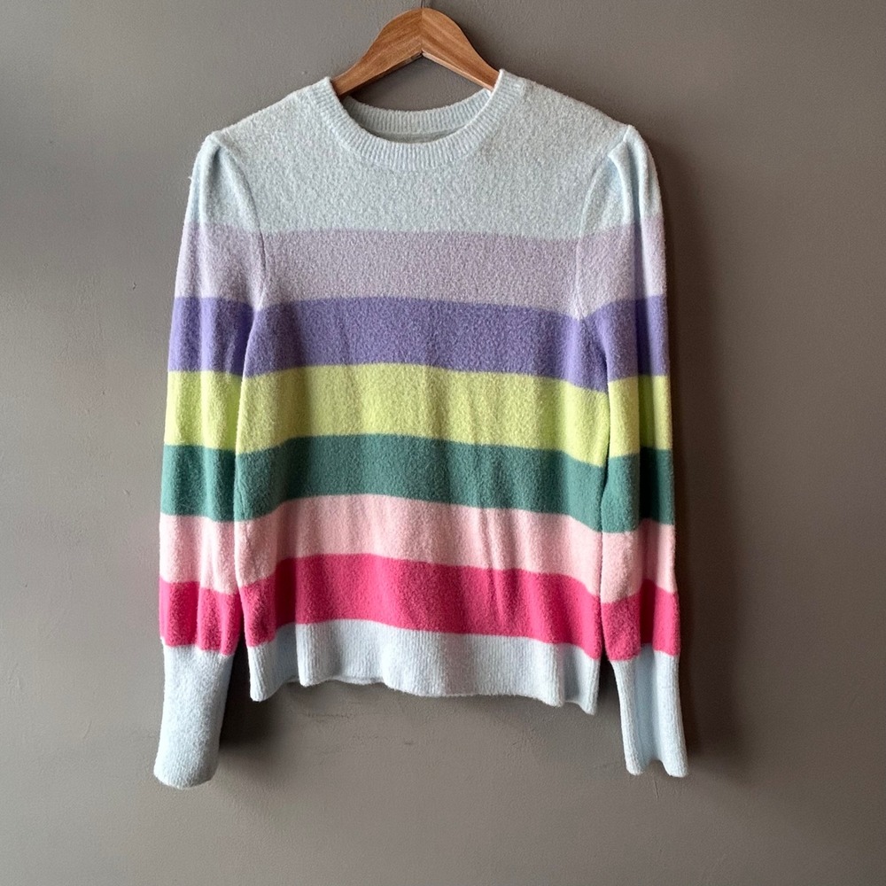 LOFT‎ Striped Fuzzy Knit Crew Neck Pullover Sweater Light Blue Pastel Size L